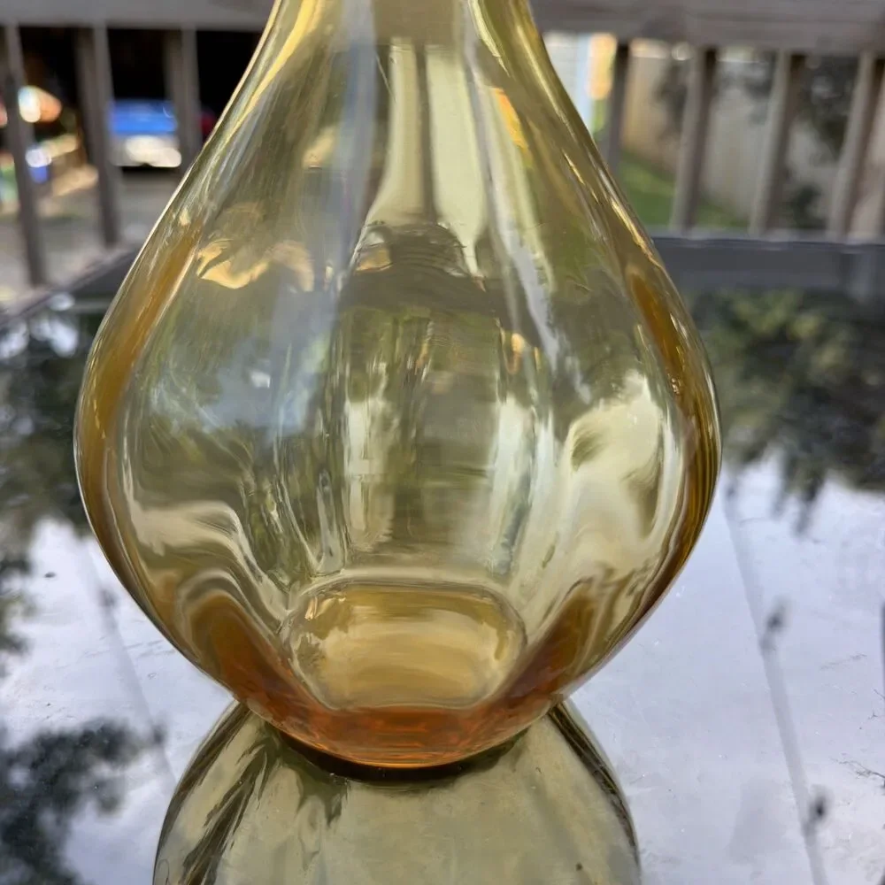 Vintage Empoli Style Amber Glass Vase- Ridged Bottom - Art Glass MCM